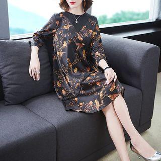 3/4-sleeve Bird Print Satin A-line Dress
