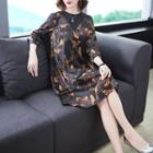 3/4-sleeve Bird Print Satin A-line Dress