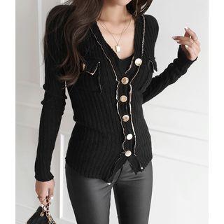 Metallic-button Ribbed Slim-fit Cardigan