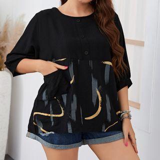 Plus Size Elbow-sleeve Printed Tunic Blouse