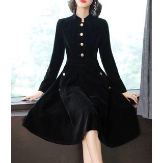Button-detail Velvet A-line Dress
