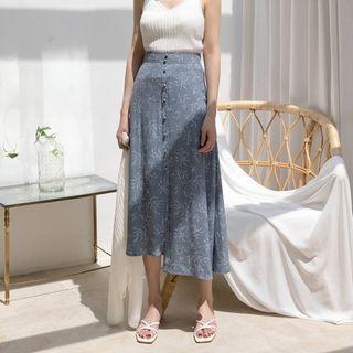 Buttoned Silky Long Floral Skirt