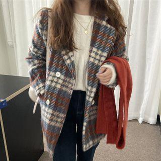 Plaid Woolen Blazer Blue - One Size