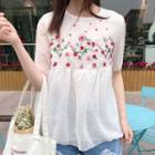 Flower Embroidered Dotted Elbow Sleeve Mesh Top