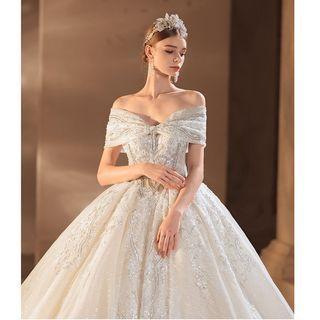 Short-sleeve Off-shoulder Embellished Wedding Ball Gown