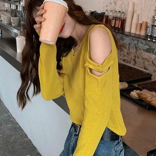 Knitted Long-sleeve Off-shoulder T-shirt Lemon Yellow - One Size