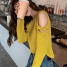 Knitted Long-sleeve Off-shoulder T-shirt Lemon Yellow - One Size