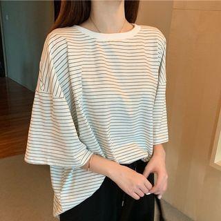 Striped Elbow-sleeve T-shirt / Drawstring Harem Pants