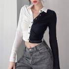 Long-sleeve Two-tone Collared Cropped T-shirt