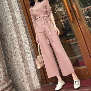 Set: Slit Elbow-sleeve Top With Sash + Wide-leg Pants
