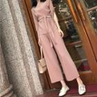 Set: Slit Elbow-sleeve Top With Sash + Wide-leg Pants