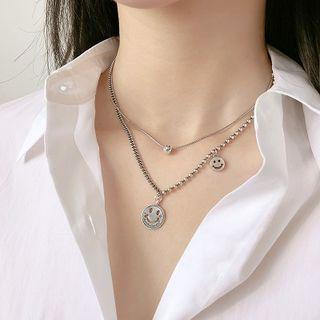 925 Sterling Silver Smiley Pendant Layered Choker Necklace