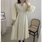 Long Sleeve V-neck Plain Dress Beige - One Size