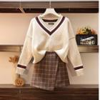 Set: V-neck Sweater + Mini Plaid A-line Skirt
