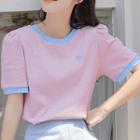 Puff-sleeve Heart Embroidered Striped T-shirt