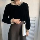 Lace Trim 3/4-sleeve Velvet Top Black - One Size