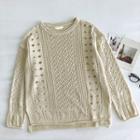 Plain Perforated Crewneck Long-sleeve Knit Top Almond - One Size