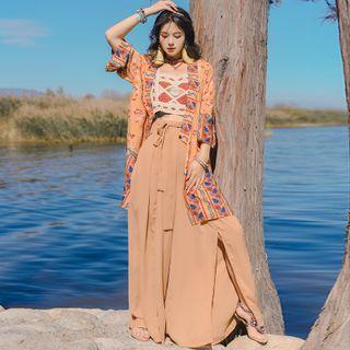 3/4-sleeve Patterned Light Jacket / Crop Tank Top / Chiffon Wide Leg Pants
