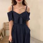 Elbow-sleeve Cold-shoulder Denim Midi A-line Dress Dark Blue - One Size