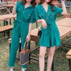 Elbow-sleeve Buttoned Wide-leg Playsuit / Jumpsuit