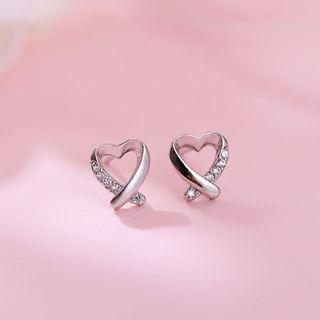 925 Sterling Silver Rhinestone Heart Earring 1 Pair - Stud Earrings - Silver - One Size