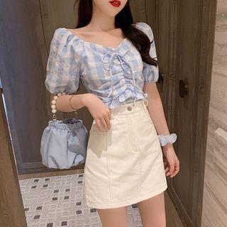 Puff Sleeve V-neck Plaid Cropped Top / Mini A-line Skirt