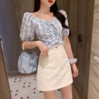 Puff Sleeve V-neck Plaid Cropped Top / Mini A-line Skirt