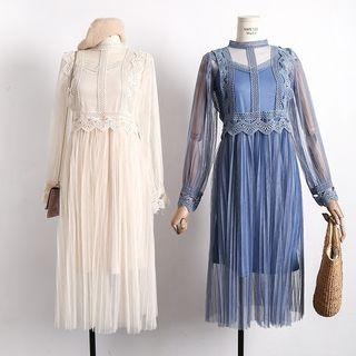 Lace-trim Pleated Mesh A-line Dress With Slipdress