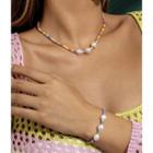 Set: Faux Pearl Beaded Necklace + Bracelet 2280 - Gold - One Size