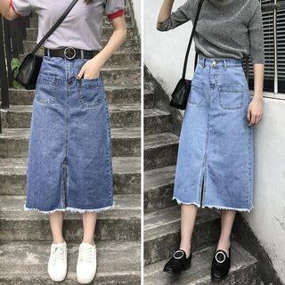 Frayed Trim Midi Denim Skirt