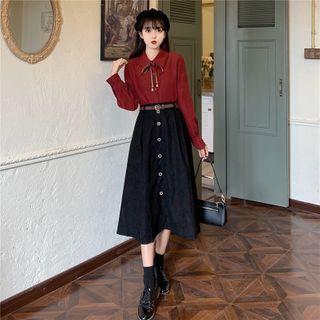 Collared Knit Shirt + High-waist Buttoned A-line Skirt