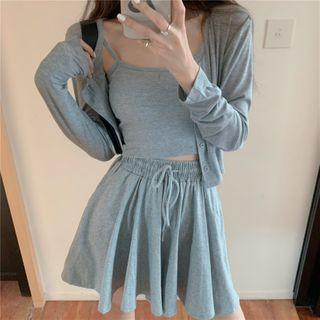 Long-sleeve Light Cardigan + Plain Camisole / Drawstring Wide-leg Shorts