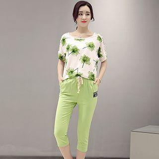Set: Short-sleeve Printed Top + Drawstring Cropped Pants
