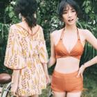 Set: Bikini Top + Swim Shorts + Leaf Print Bell-sleeve Swim Dress
