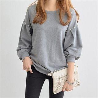 Faux-pearl Beaded Puff-sleeve Sweatshirt