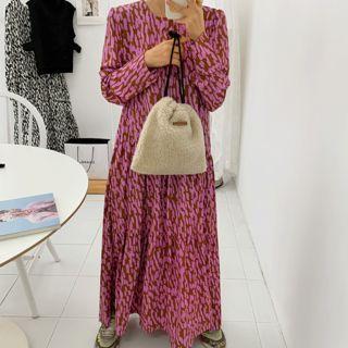 Frilled-hem Patterned Maxi Flare Dress
