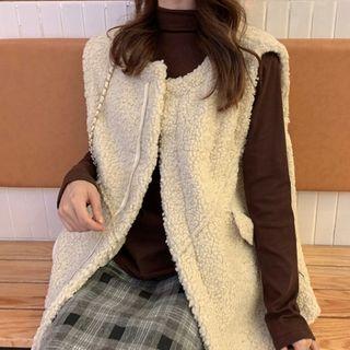 Faux Shearling Zip Vest / Long-sleeve Mock-neck T-shirt