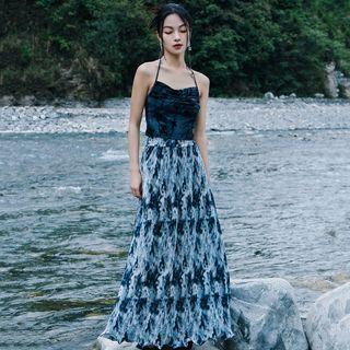 Tie Waist Maxi A-line Skirt Grayish Green - One Size