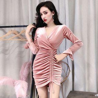 Long-sleeve Drawstring Velvet Mini Bodycon Dress