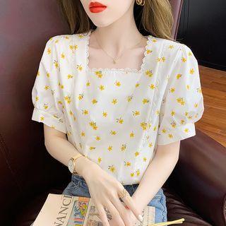 Floral Square-neck Puff-sleeve Elbow-sleeve Shirt