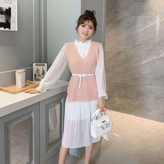 Set: V-neck Knit Vest + Long-sleeve Chiffon Midi Dress