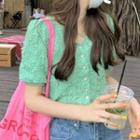 Puff-sleeve Button-up Blouse Green - One Size