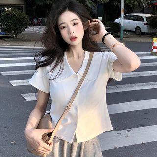 Short-sleeve Collar Top White - One Size