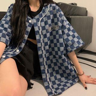 Short-sleeve Checker Print Denim Jacket