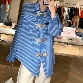 Long-sleeve Frog Buttoned Striped Shirt As Shown In Figure - One Size