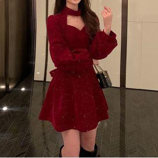Long-sleeve Velvet Cut-out Mini Dress