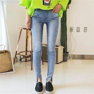 Band-waist Slit-hem Skinny Jeans