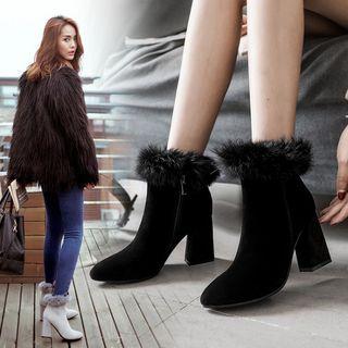 Genuine-leather Chunky-heel Fleece-trim Ankle Boots