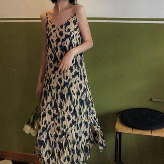 Spaghetti Strap Leopard Print Midi Dress Leopard - Beige & Black - One Size