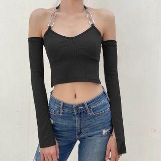 Set: Chain-strap Halter-neck Cropped Camisole Top + Arm Sleeves